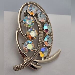 Vintage Gold-Tone Leaf Designer Brooch AB Rhinestones